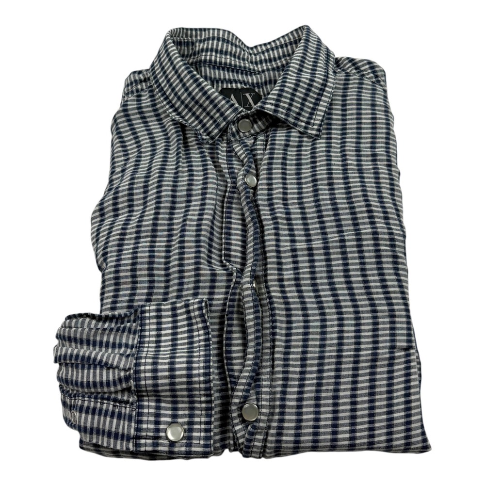Armani Exchange Mens Slim Fit Linen Cotton Gingham Snap Button Shirt Blue Small